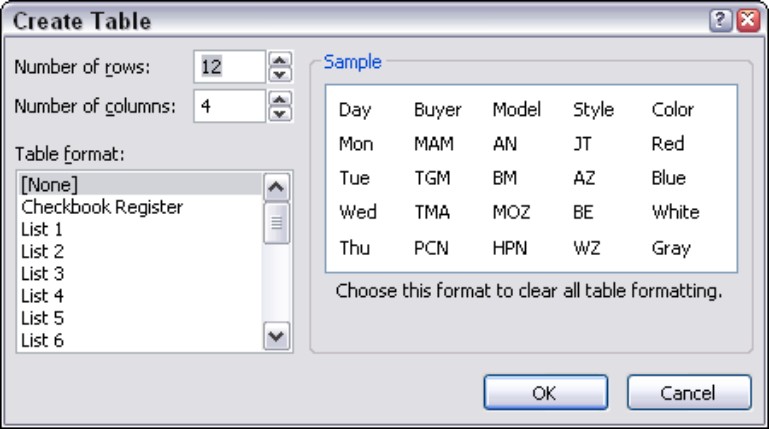 Figure 6-12: The Create Table dialog box.